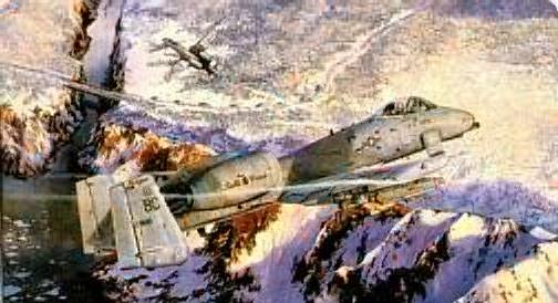 USAF A-10 Warthogs overwatching a food truck convoy in snow-covered Bosnia