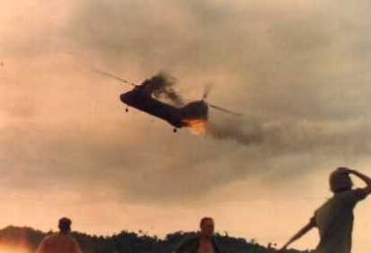 marine CH-46 going down in flames by enemy fire in Vietnam; crew had no parachutes and no chance to survive