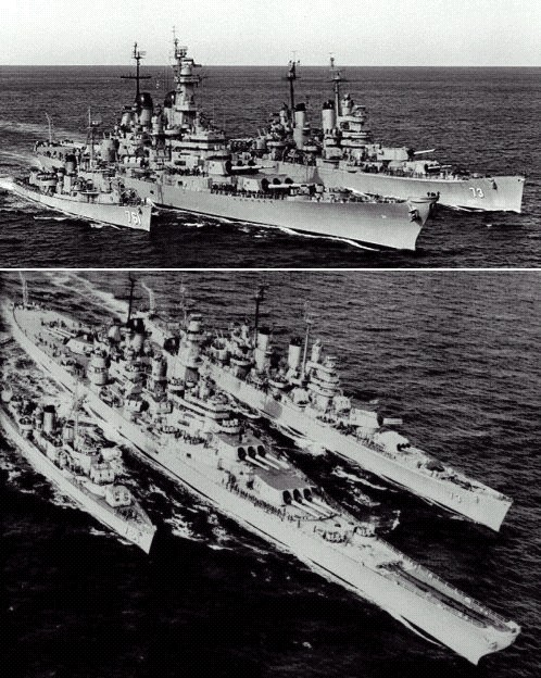 1945 3-classes of US warships center Battleship, right Cruiser, left ...