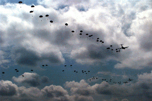 The mighty C-17 Globemaster III flies away after dropping  a huge force of combat-ready Paratroopers after flying thouands of miles across the globe to STRIKE! Unlike a slow helicopter or tilt-rotor, the Globemaster III is gone in an instant, not sitting down on the ground exposed to all kinds of enemy fire/destruction. Unlike a handful of helicopter troops, the Company-size Infantry force and/or armored fighting vehicles delivered per planeload can DEFEAT the enemy, not just struggle to survive